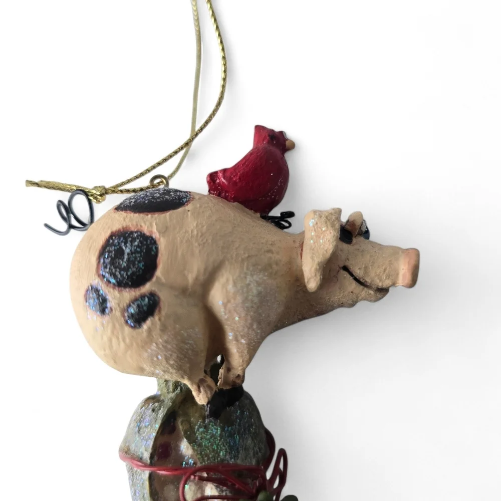 Whimsical Pig on Corn Ornament with Cardinal Folk Art Christmas Tree Decor